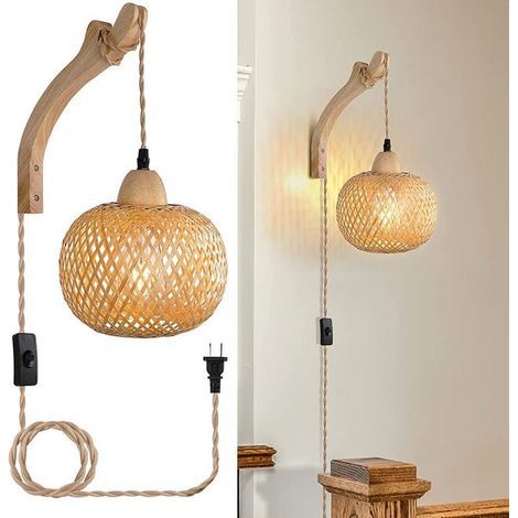 Applique murale de chevet en bambou rétro, lampe en rotin de Restaurant, lampe de fond intérieure de campagne de ferme (avec prise, sans ampoule) (1/5)