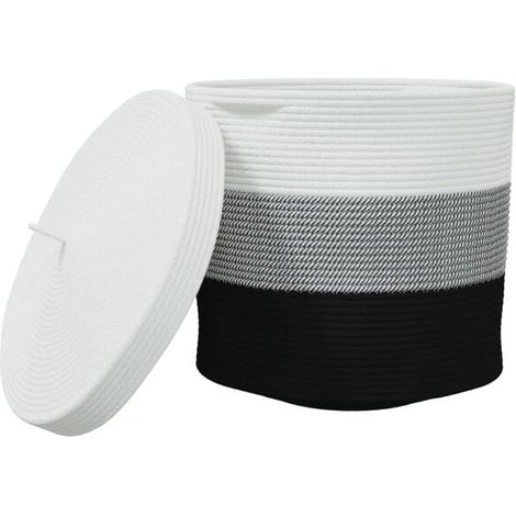 Panier de rangement avec couvercle, noir et blanc, 40 cm de diamètre, 35 cm de hauteur, en coton. (1/5)
