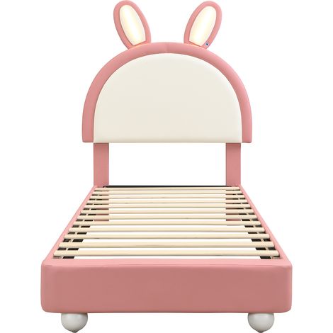 CAIziLit enfant 90x200 lapin capitonné LED, PU rose blanc, mousse anti-choc (1/5)