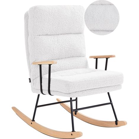 Sedia a dondolo con rivestimento in bouclé e schienale reclinabile in metallo e gomma Gambe in legno Soggiorno Bianco sporco Eskelin