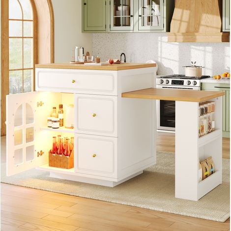 Isola cucina estensibile 122,5-195,5 cm con LED RGB, cassetti e vetrina, bianco DESVIAE (1/5)