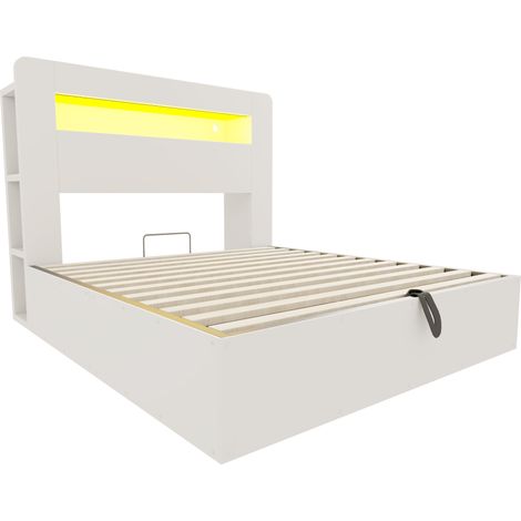 Weißes Holz-Boxbett 140 x 200 cm mit hydraulischer Hebefunktion, LED und Steckdosen (1/5)