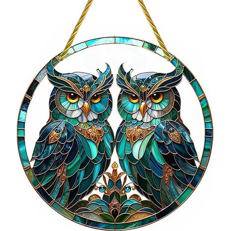 Acryl-Fensterdekoration 【YK6009 Zwei Eulen 20x20cm Doppelseitig】 Pfauen- & Katzen-Serie, farbenfroh, für drinnen und draußen (1/3)