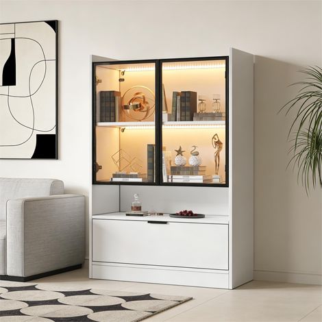 Vitrine LED moderne mate hauteur 120 cm avec éclairage LED, vitrine en verre sur pied éclairée, meuble de salon avec portes en verre et porte abattante, meuble d’exposition en panneau de particules, b (1/5)