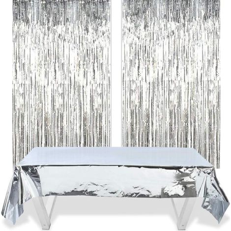 2 Rideau Métallique, 1 Nappe Argentée, Feuille d'Aluminium, Réutilisable, Imperméable, pour Mariage Anniversaire (1/5)