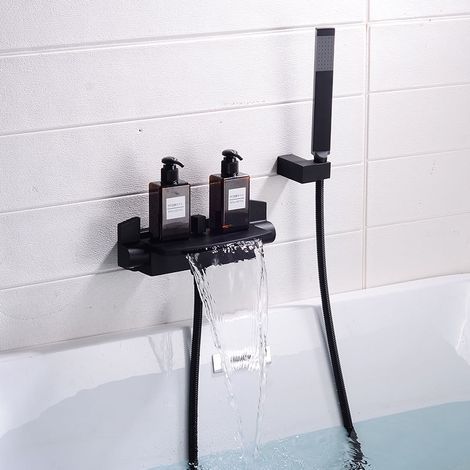 Set di rubinetto per vasca da bagno a muro in rame nero, miscelatore per vasca a cascata, soffione doccia caldo e freddo, 1 pezzo (1/5)