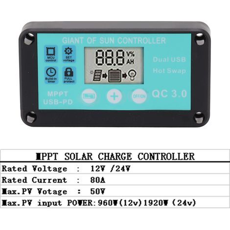 Régulateur Solaire Charge Contrôleur MPPT 80A USB Dual Sortie Rapide 12V/24V Maison Industrie (1/5)