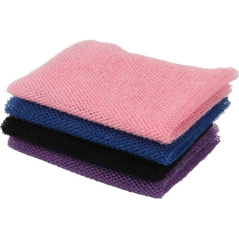 Lot de 4 gants de bain exfoliants en nylon pour corps, filet longue durée, usage quotidien, bleu, noir, rose et violet (1/5)
