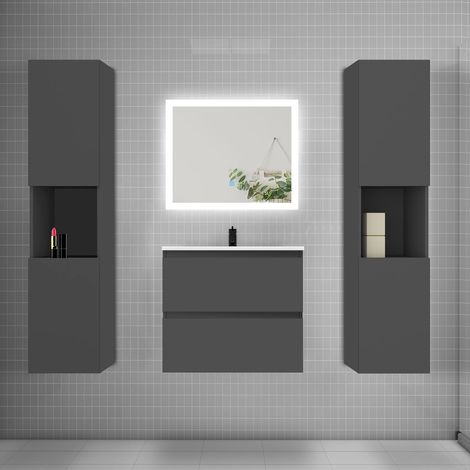 Ensemble meuble de salle de bains 60cm, vasque + colonne + LED miroir rectangulaire,anthracite (1/5)