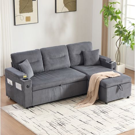 Sofá cama de 3 plazas de pana gris carbón con chaise longue, almacenaje y USB-C (1/5)