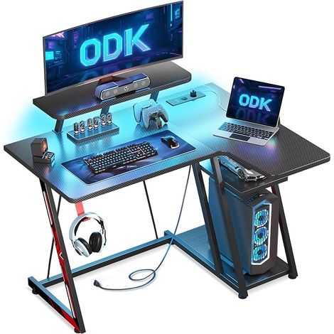 Gaming Desk with LED Lights and Power Sockets, 100cm Gaming Desk with Monitor Stand and Storage Shelf Carbon Fiber Black (1/5)