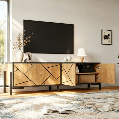 Mobile TV 153x40x50 cm legno naturale in MDF con 4 ante e design geometrico (1/5)