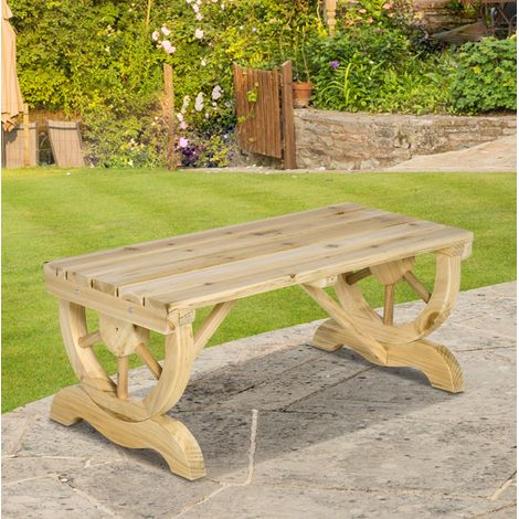 Panca da giardino 98x50x39.5 cm, design rustico, gambe a ruota di carro, legno resistente alle intemperie, naturale (1/5)
