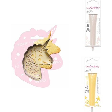 Kit pour biscuit en relief Licorne + 2 Stylos au chocolat blanc et jaune pastel