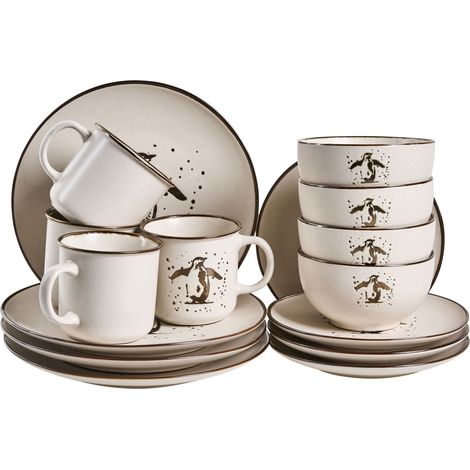 Set of 16 Pieces Off-White Stoneware Handmade Reactive Glaze Finish Service for 4 People Hammer Effect Penguin Kitchen Dining Room CINNAMON