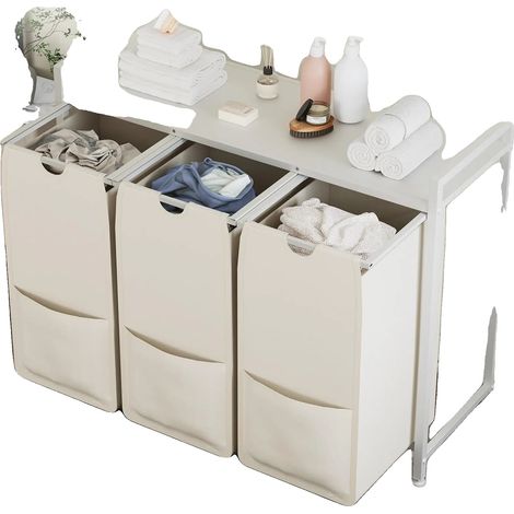 Organisateur de Panier à Linge, Cadre Métallique Robuste, Sacs Amovibles, BLANC (1/2)