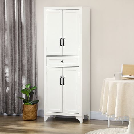 Hohes Küchen-Sideboard mit 4 Türen, 2 Schränken und 1 Schublade in der Mitte, 170 cm hoch, mit verstellbarem Einlegeboden, weiß