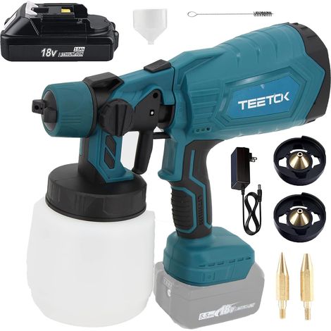 Teetok – Pistolet à peinture électrique 1000ml – 3 modes de pulvérisation – Débit d’air 500ml/min – Compatible avec batteries 18V Makita