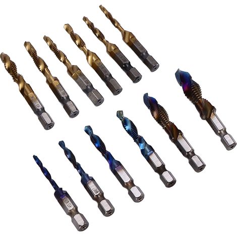 Lot de 12 forets-tarauds combinés HSS métrique bleui impérial revêtu Ti queue hex 1/4po pour perçage taraudage métal alu (1/5)