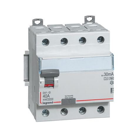 Interrupteur différentiel DX³-ID arrivée haute et départ bas à vis - 4P 400V 40A typeF 30mA - 4 modules - 411695 - LEGRAND