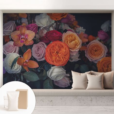Tapete Vliestapete mit Kleber modern Wohnzimmer - Wanddeko Schlafzimmer - Tapete mit Motiv Farbenfroher Blumenstrauß 208x146 cm (1/5)