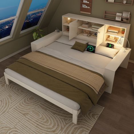 Letto estraibile 90x200 bianco in MDF con contenitore e USB, salvaspazio, senza materasso - MEUBLIV (1/5)