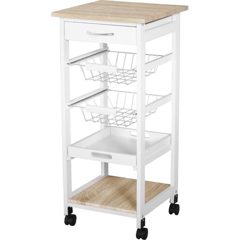 Compact Mobile Kitchen Island Trolley with Metal Baskets and Wheels for Stylish Home Storage Solutions in White