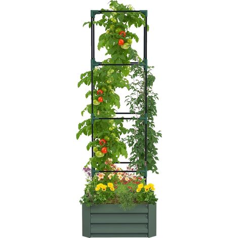 Jardinière avec treillis ajustable, bac à fleurs cage à tomates, lit surélevé, pour plantes grimpantes, légumes, fleurs, en acier galvanisé, intérieur et extérieur, cour, jardin, balcon, vert (1/5)