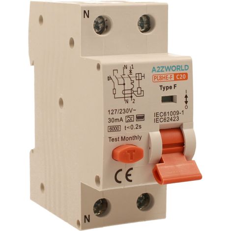 RCBO Interruttore Magnetotermico Differenziale Tipo F Curva C 1P+N 2M 6000A 30mA C20A AC 230V IP20 IEC61009-1 (1/3)