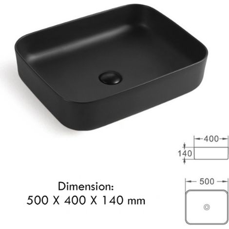 Vasque à poser en céramique lavabo perçage forme rectangle Noir avec Bonde Siphon 500x400x140mm (1/5)