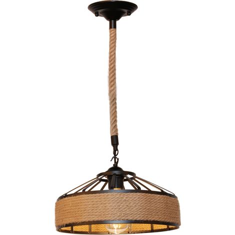 Suspension Luminaire D'Intérieur En Métal Ø30CM Lampe Suspendue Rétro Vintage Plafonnier En Corde De Chanvre