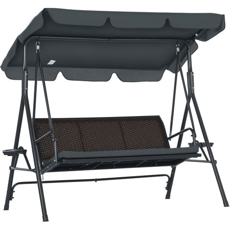 Altalena da giardino a 3 posti con tettuccio regolabile, portabicchieri e vassoi, portata massima 320 kg, dimensioni 204x112x150 cm, colore grigio.