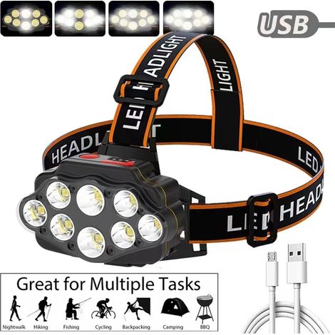 Lampe frontale LED rechargeable, haute luminosité, 8 ampoules LED, chargement USB, 4 modes, étanche IPX4, adaptée à la course en extérieur. (1/5)