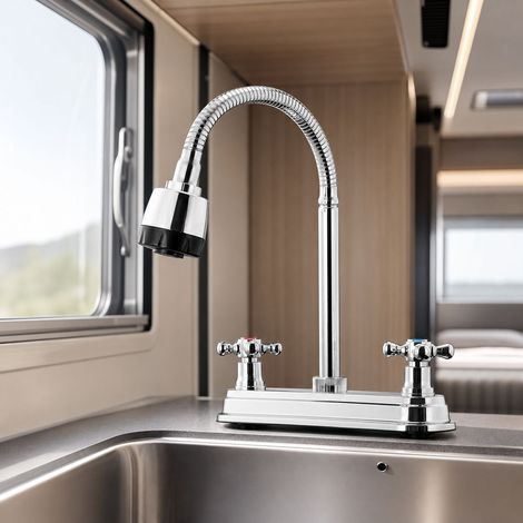 Robinet de cuisine pour camping-car, double poignée eau chaude et froide, bec pivotant à 360°, avec douchette et mousseur, modèle DY-51012 (1/5)