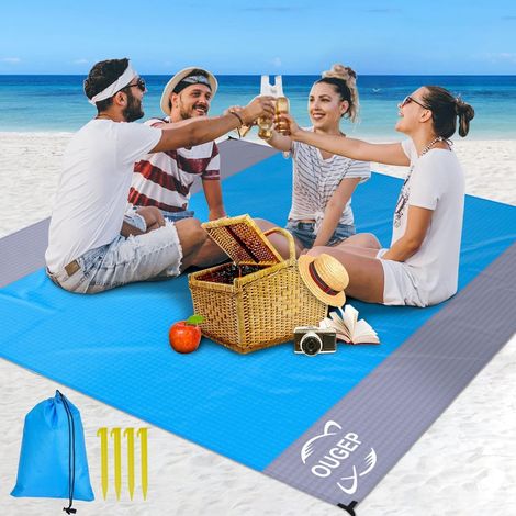 Tapis de Plage Imperméable, Couverture de Plage Large Anti Sable Drap de Plage pour Plage, Camping, Picnic, Parc, Voyage ect Les Èvénements en Extérieur (Bleu/Gris, 200 x 230cm) (1/5)