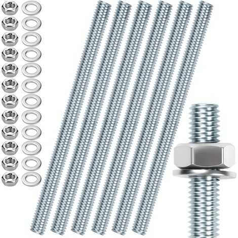 6 pièces Tige filetée M8 Tiges filetées M8 X 200mm Tige filetée Boulon fileté Acier galvanisé Écrous à six pans bleus Tiges filetées avec 12pcs écrous hexagonaux et 12pcs rondelles de calage (1/5)