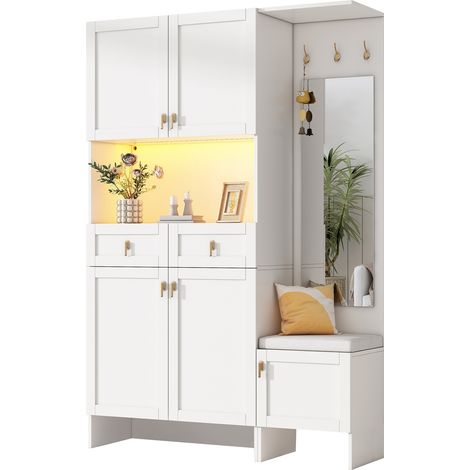 Appendiabiti per Ingresso 120x180x33.5 cm, con Armadio, Panca, Scarpiera e Specchio, 5 Ante, 2 Cassetti, Truciolare, Bianco, Organizzato