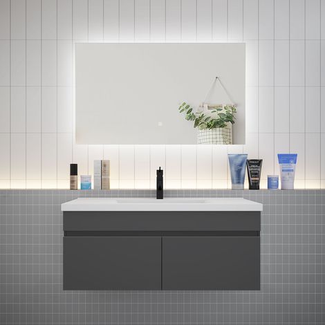 Aica Ensemble meuble Salle de Bain Anthracite avec vasque L.100cm + Miroir LED 100x60cm