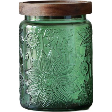1 bocal en verre Divers accessoire de portail, étanche, motif gravé tournesol, vert, 14x9,5 cm, pour thé café bonbons (1/5)