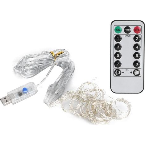 Guirlande lumineuse en fil de cuivre avec télécommande USB, 3x1m, 100LED, 8 Modes, pour fête, mariage, rideau, lampe, décoration, blanc pur (1/5)
