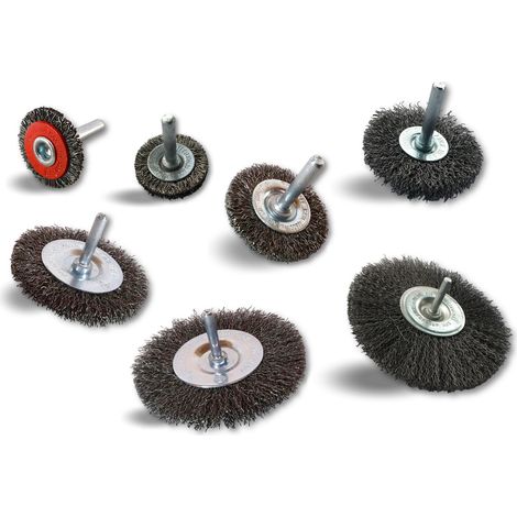 Brosse rotative circulaire métallique Fil acier sur tige Ø 6 mm - A l'unité - Pack 7 Ø différents - Fil dur (1/3)