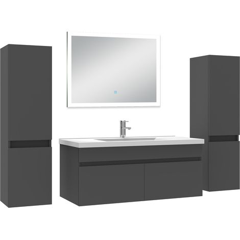 Ocean Ensemble meuble Salle de Bain 100cm avec colonne et miroir lumineux dimmable mural anthracite
