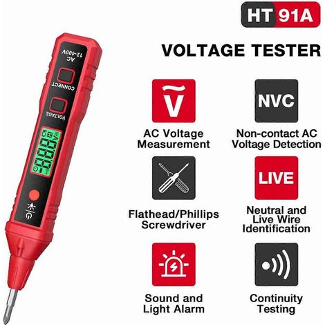HABOTEST HT91A Berührungsloser Wechselspannungsprüfer, digitaler Spannungsdetektor, elektrischer Prüfstift, Wechselstrom 12–400 V