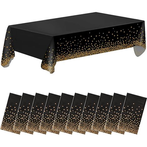 Set mit 10 schwarz/goldenen Tischdecken – goldene Punkte – hochwertiger Einwegkunststoff – 137,2 x 274,3 cm – Hochzeit/Weihnachten/Geburtstag