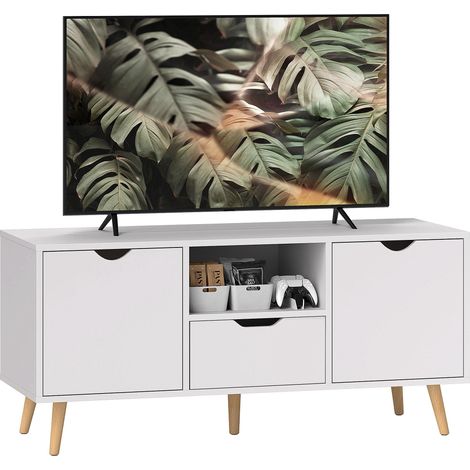 Meuble TV jusqu'à 50 pouces avec tiroir, étagère ouverte et placards, 110 x 40 x 50 cm, blanc et bois (1/5)