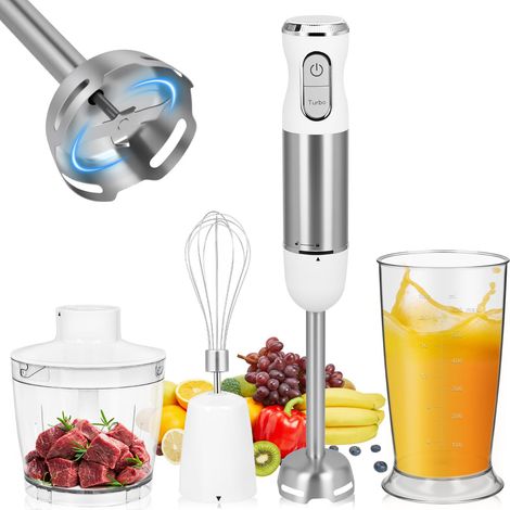 en 1 Mixeur plongeant, Mixeur Plongeur de 1000W avec 30 vitesses et mode turbo,Mixeurs Plongeur Multifonction,avec Fouet,Hachoir de 500ml et Verre Doseur 600 ml,Blanc