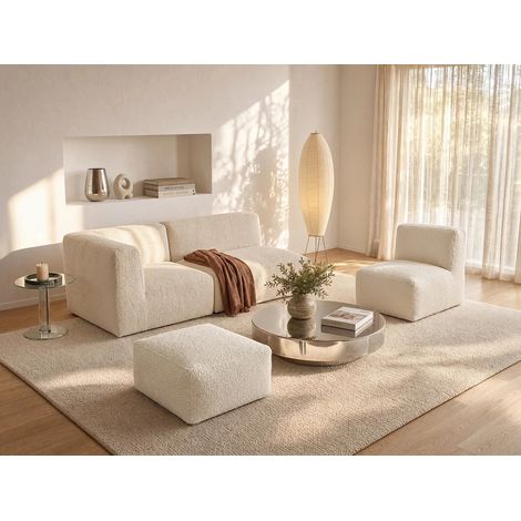 Canapé modulable avec fauteuil et pouf en tissu bouclette beige NOUMARA (1/5)
