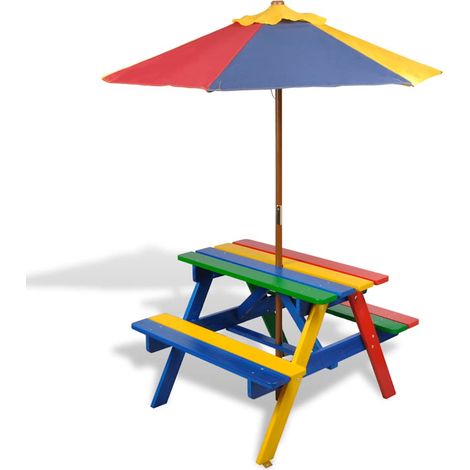 Kinder-Picknicktisch mit Bänken & Sonnenschirm Mehrfarbig Holz