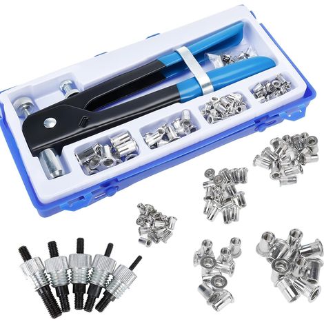 126pcs Pince à Insert Fileté, M3 M4 M5 M6 M8 Pince a Sertir Ecrou a Riveter et 5 Mandrins, Outil a Insert Fileté Ecrou a Sertir en Alu pour Métal Tuyau (1/5)