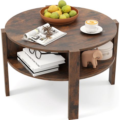 Costway – Table basse ronde 2 niveaux – Rangement pratique avec 4 étagères – Dimensions 74,5 x 45,5 cm – Finition bois marron élégante (1/5)